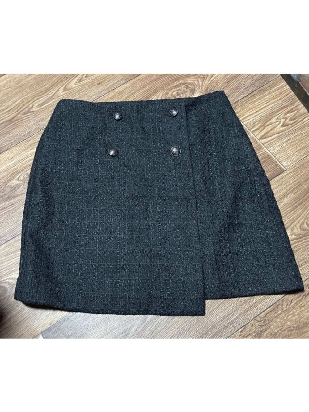 LOFT Black Tweed Double Column Button Wrap Mini Skirt Womens Size 6 Office Wear